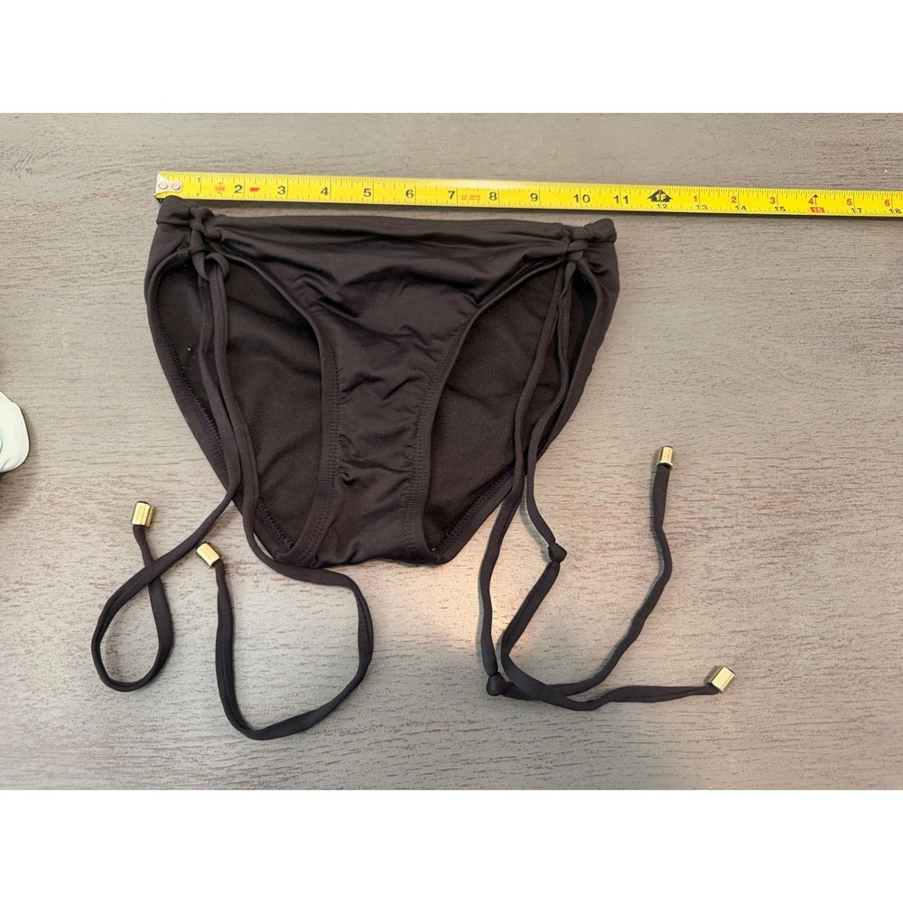Solid Black Side Tie Bikini Bottom with Gold Hardware Accents Size Small
